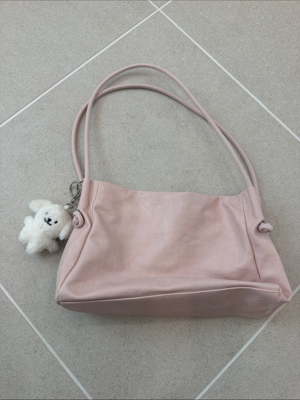Soft Blush Pink Shoulder Bag with Plush Bear Charm